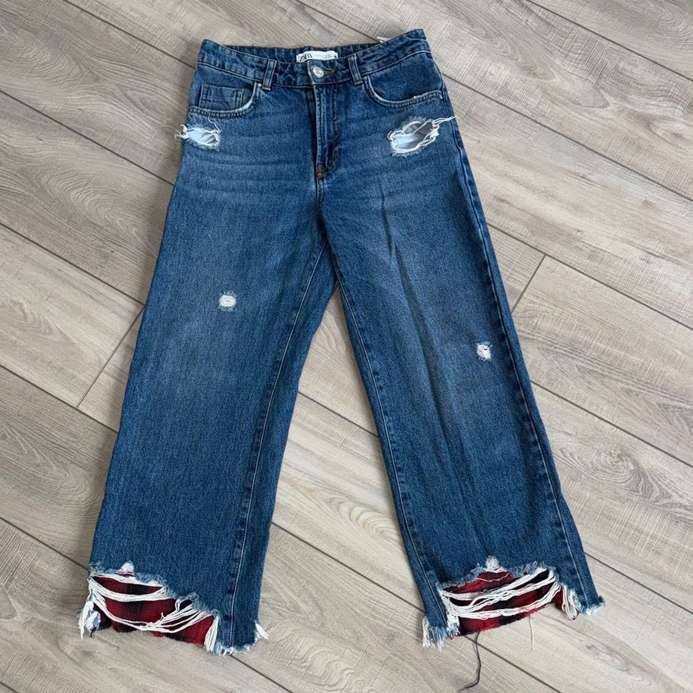 Zara Women's Distressed Denim Straight Leg Jeans - medium wash, size 2